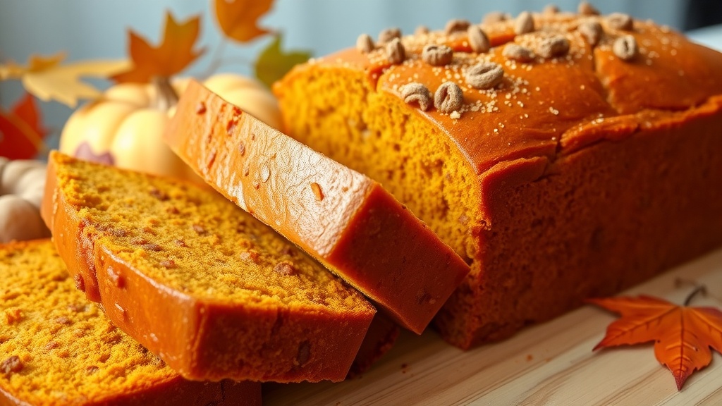 Moist and Spiced Pumpkin Bread Recipe Sliced pumpkin bread with a golden crust and moist interior, set in a cozy kitchen with autumn decorations.
